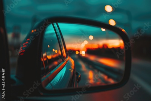 An image looking into a side-view car mirror during twilight or early evening. The mirror reflects the image of a road receding behind, lit by the ambient light of the sky and some distant lights