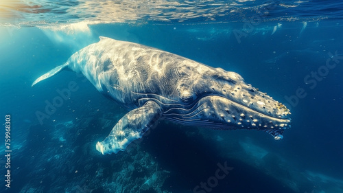 An underwater view of a humpback whale gliding gracefully, with sunlight filtering through the water. © weerasak
