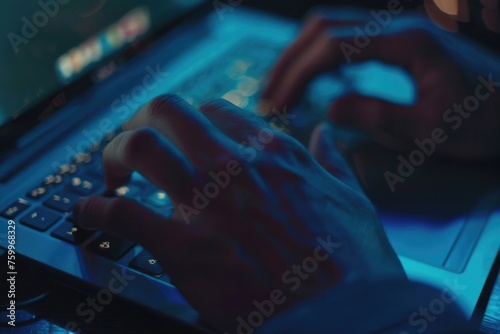 A close-up shot of someone typing on a laptop keyboard in low light, emphasizing the blue backlight of the keys. The person's hands are in focus while the background is blurred