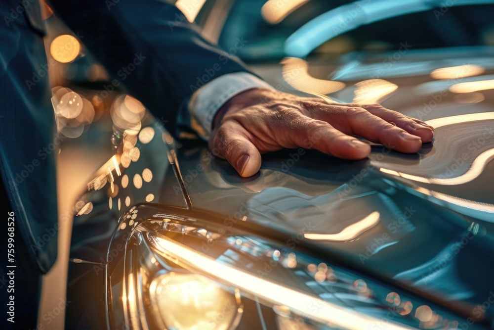 A close-up of a man's hand resting on the smooth surface of a car, just above the headlight. The image might suggest a sense of ownership or appreciation for the car's design A close-up of a man's hand resting on the smooth surface of a car, just above the headlight. The image might suggest a sense of ownership or appreciation for the car's design