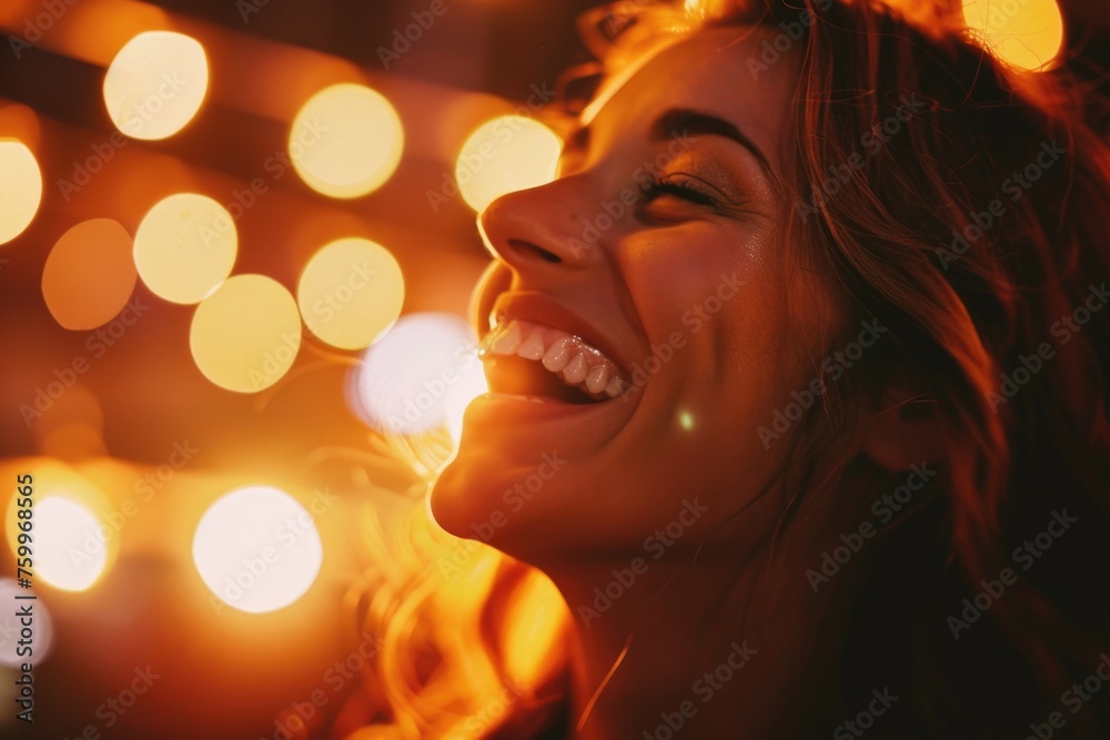 A joyous woman laughing or smiling broadly, her face partially illuminated with warm lighting, which could be from a stage or event. The focus is on her expression of happiness and enjoyment. A joyous woman laughing or smiling broadly, her face partially illuminated with warm lighting, which could be from a stage or event. The focus is on her expression of happiness and enjoyment.