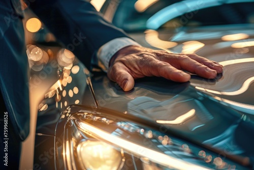 A close-up of a man's hand resting on the smooth surface of a car, just above the headlight. The image might suggest a sense of ownership or appreciation for the car's design © romanets_v