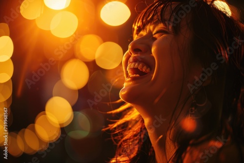 A joyous woman laughing or smiling broadly, her face partially illuminated with warm lighting, which could be from a stage or event. The focus is on her expression of happiness and enjoyment.
