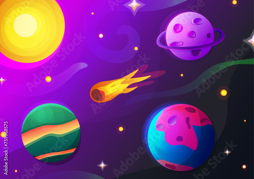 Space set with planets and comet. Vector illustration
