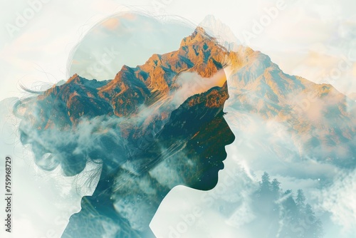 a creative double exposure where the silhouette of a woman's face is superimposed on a mountainous landscape, blending the natural world with human elements in an artistic manner