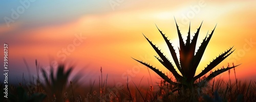 The silhouette of an agave plant against a warm sunset, suitable for environmental awareness campaigns or as part of branding for tequila products. photo