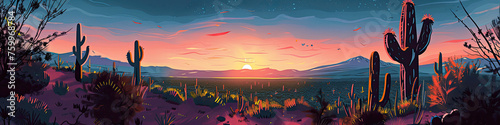 A panoramic illustration of a desert scene at sunrise, ideal for thematic Cinco de Mayo event backdrops or inspiring travel-related content. photo