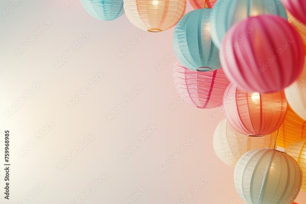 Colorful paper lanterns against a soft pastel backdrop providing a festive and joyful atmosphere, ideal for event promotion or party decorating ideas. - obrazy, fototapety, plakaty 