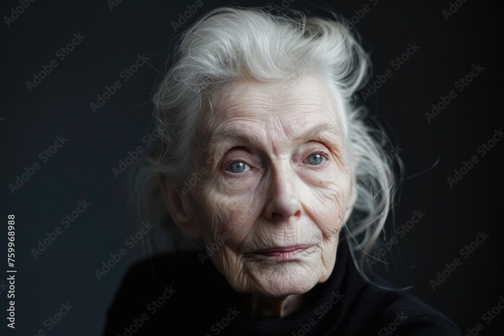 A portrait of an elderly woman with striking white hair, a thoughtful expression, and deep lines marking her face, suggesting wisdom and experience. A portrait of an elderly woman with striking white hair, a thoughtful expression, and deep lines marking her face, suggesting wisdom and experience.