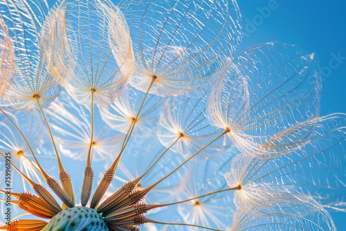 the intricate structure of a dandelion seed head against a clear blue sky. The fine  delicate seed parachutes radiate from the center  creating a striking pattern that s both fragile and strong
