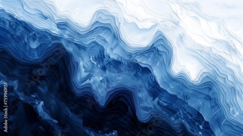 An abstract painting featuring waves in shades of blue and white, creating a dynamic and fluid composition.
