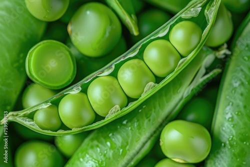 A close-up of fresh green pea pods with one pod open to reveal the round peas inside, highlighting the textures and vivid green colors photo