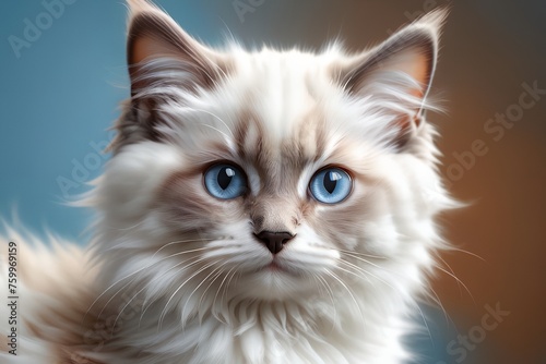 A beautiful young purebred Ragdoll kitten sits on an blue background.