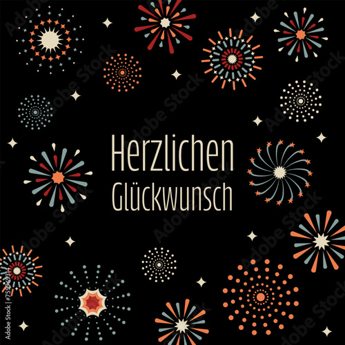 Herzlichen Glückwunsch - Schriftzug in deutscher Sprache. Quadratische Glückwunschkarte mit buntem Feuerwerk.