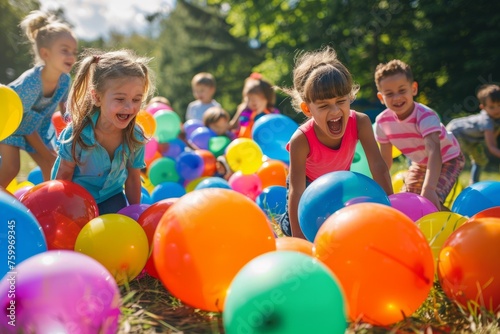 Children laughing and playing with vibrant balloons celebrating Children's Day or birthday party
