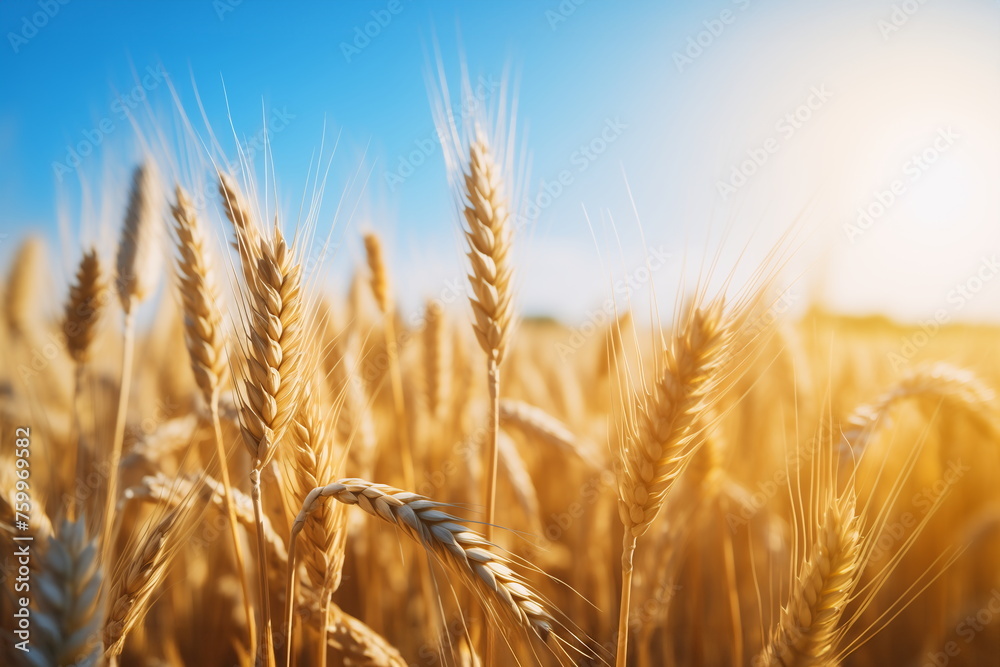 Fototapeta premium Wheat in the field against the blue sky, close-up