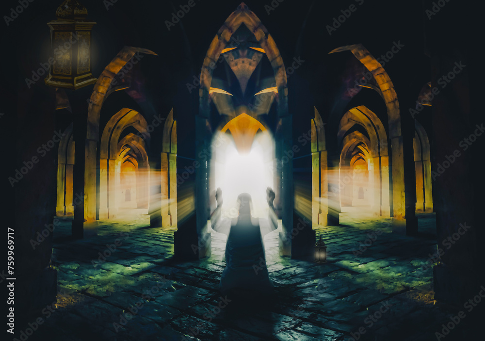 Painting of a muslim man praying in a mosque. Ramadan Kareem background. Greeting for Ramadan Mubarak, Eid Mubarak. Happy Ramadan, Happy Eid Greeting Card Idea. Holy Month. Copy Space.
