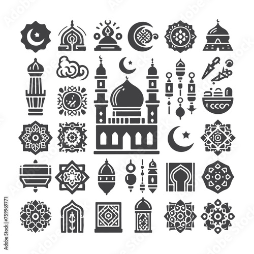 Icon elements for an Islamic theme  with a luxury style  monochrome  flat  black and white