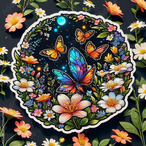 Close-Up Firefly and Flowers Sticker on Dark Background Gen AI photo