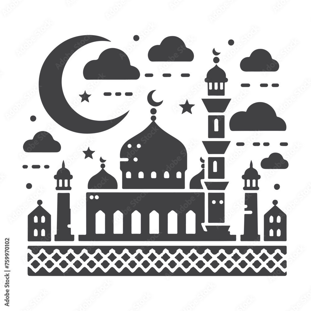 Icon elements for an Islamic theme, with a luxury style, monochrome, flat, black and white