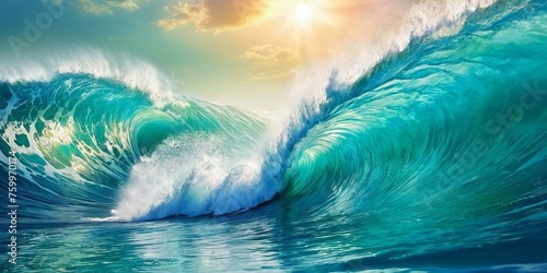 Blue ocean wave with sun rays and copy space.