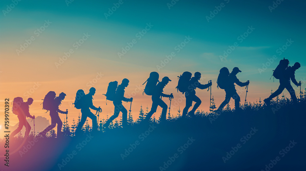 Silhouettes of Hikers on Mountain, Adventure and Teamwork