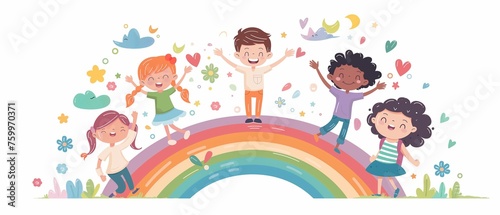 colorful cartoon lines Smiling child standing on a rainbow generate ai