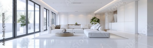 Modern white living room interior with minimalist furniture and decorative elements  high ceiling  wide angle shot