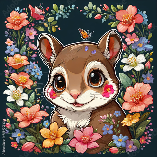 Close-Up Flying Squirrel Floral Sticker on Dark Background Gen AI photo