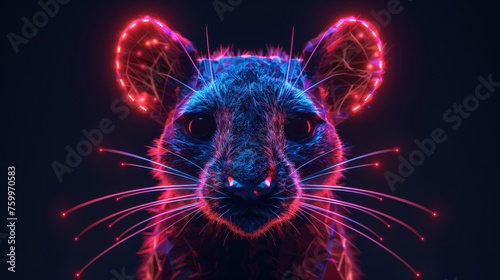 a close up of a rat's face with red and blue lights on it's ears and ears.