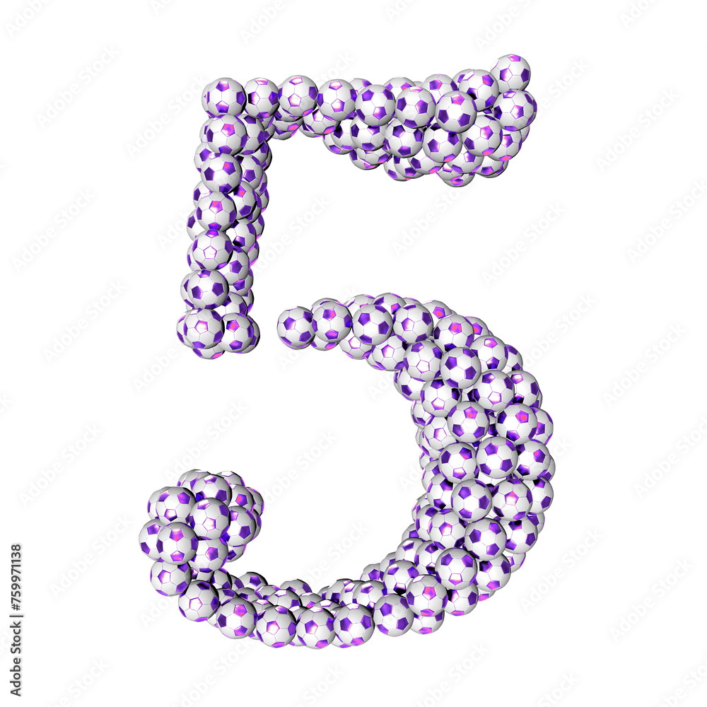 Symbols made from purple soccer balls. number 5