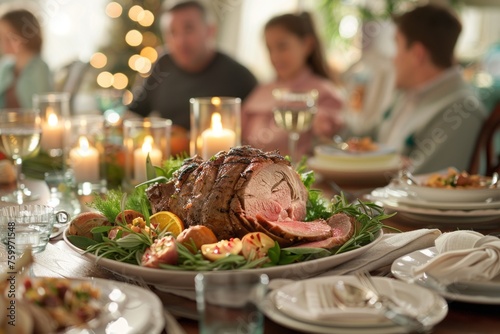 A family gathering around a beautifully set Easter dinner table, featuring a roasted lamb as the main dish
