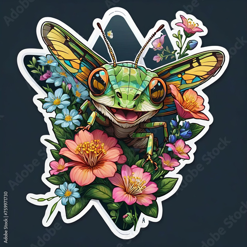 Detailed Close-Up Illustration of Grasshopper with Floral Sticker Gen AI photo