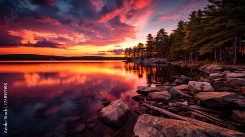 Dramatic lake landscape with vibrant sunset in scenic view