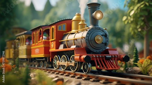 Immerse yourself in an intricate world of miniatures with a model railroad toy featuring a locomotive and cars rolling gracefully along detailed tracks.