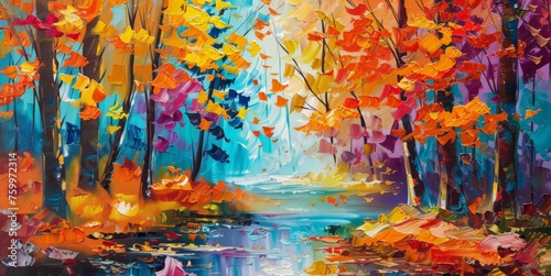 A vibrant painting depicting a forest filled with colorful trees and a stream running through it.