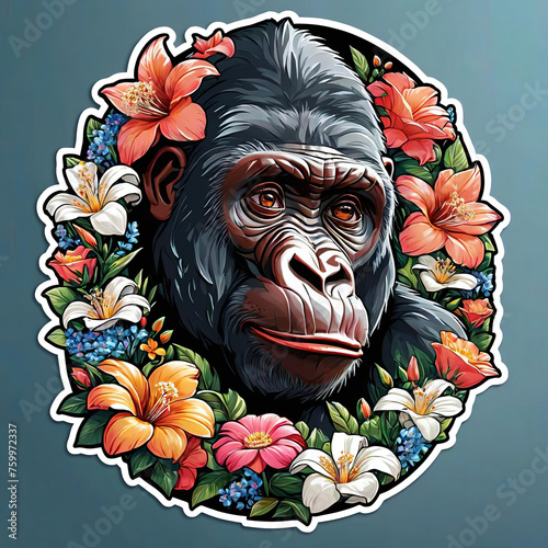 Close-Up Gorilla Portrait with Floral Sticker on Dark Background Gen AI photo