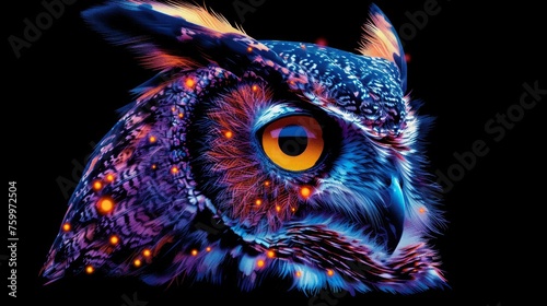 a close up of an owl's face with bright lights on it's eyes and a black background.