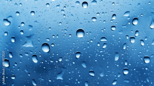 Blue background raindrops on a rain glass