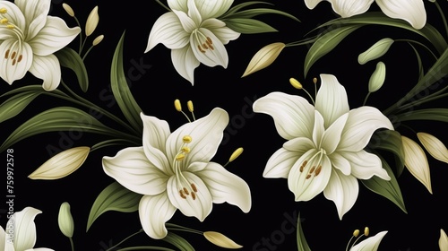 Elegant White Lily Flowers on a Black Background seamless pattern