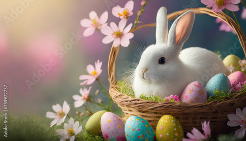 Easter Delight: Overflowing Basket, Playful Bunny & Colorful Eggs Soft Pink Background, Bunny Rabbit with Overflowing Basket & Colorful Eggs