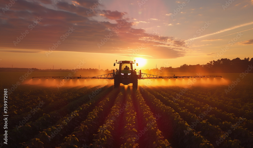 Fototapeta premium A tractor sprays crops in a vast field at sunset. Farmer's concept with copy space