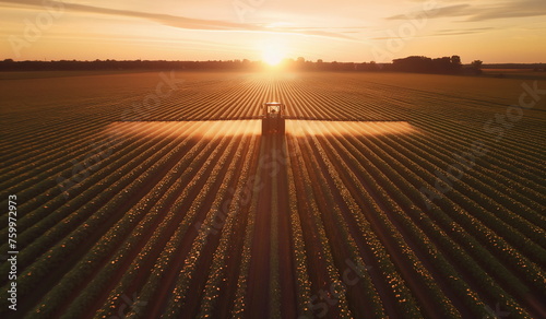 A tractor sprays crops in a vast field at sunset. Farmer's concept with copy space
