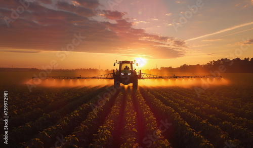 A tractor sprays crops in a vast field at sunset. Farmer s concept with copy space