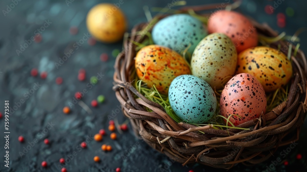 a bird's nest filled with colorful speckled eggs on a black surface with red and yellow sprinkles. a bird's nest filled with colorful speckled eggs on a black surface with red and yellow sprinkles.