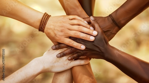 A High Definition Capture of Multicultural Teamwork and Solidarity - This prompt envisions a super realistic image that showcases a harmonious stack of hands from diverse backgrounds, 