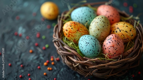 a bird's nest filled with colorful speckled eggs on a black surface with red and yellow sprinkles.