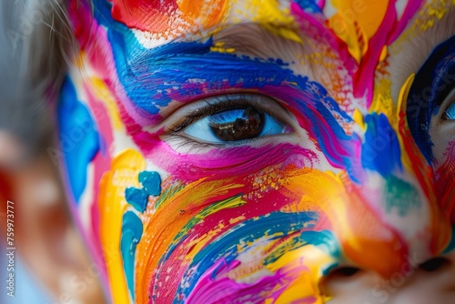 A child boy with a face painted in vibrant colours on Children s Day close up