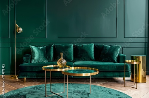 Sofa in dark green velvet with gold legs and coffee table near wall painted emerald color photo