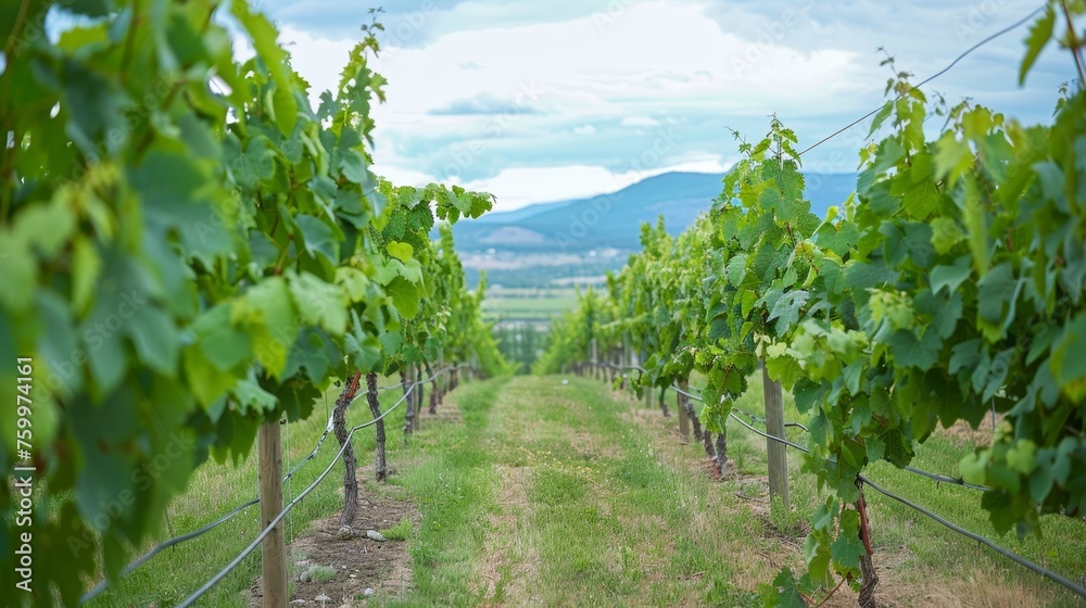 Vineyard landscape with serene mountains as scenic backdrop for ideal sky text placement